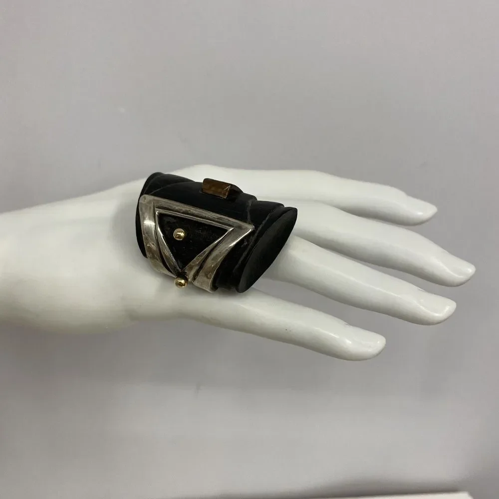 Fred Tate Sterling Ebony 14K Gold Ring True Work‎ of Art JUMBO Artsy Size 9 - Picture 2 of 6